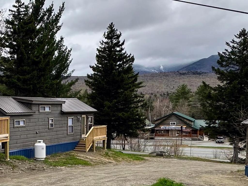 Twin MountainBMV6 Tiny Home village near Bretton Woods的小屋设有门廊和树木林立的房子