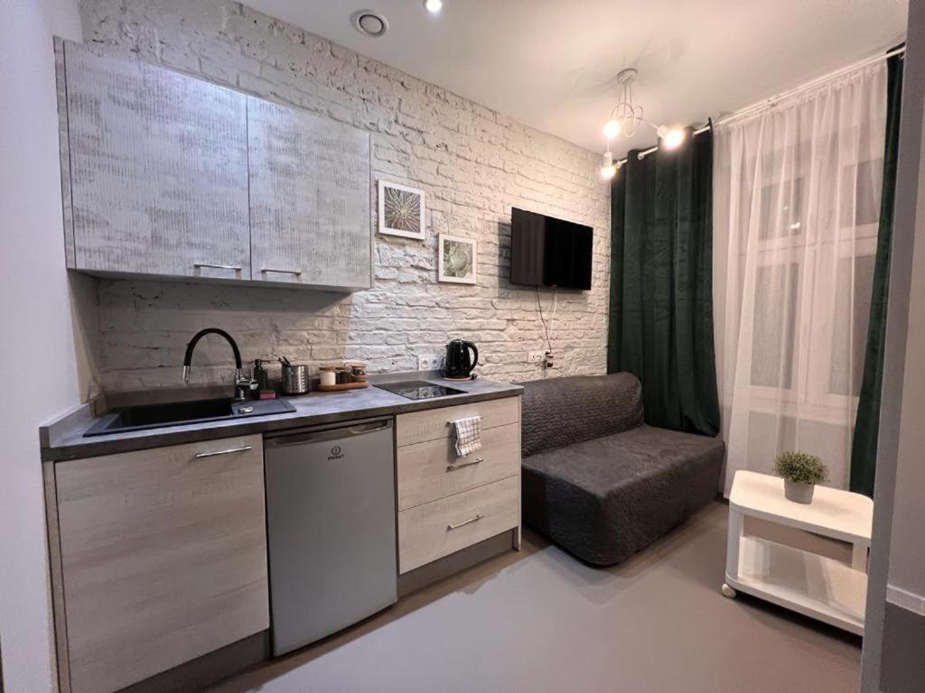 卡托维兹Green Hill Apartments Katowice的一个带水槽的厨房和一张沙发