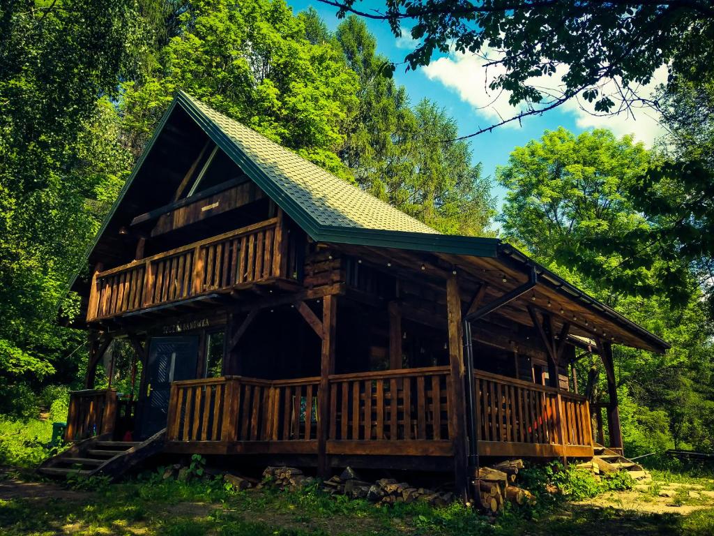 ManiówSzczerbanówka na Maniowie的绿色屋顶林地中的小木屋