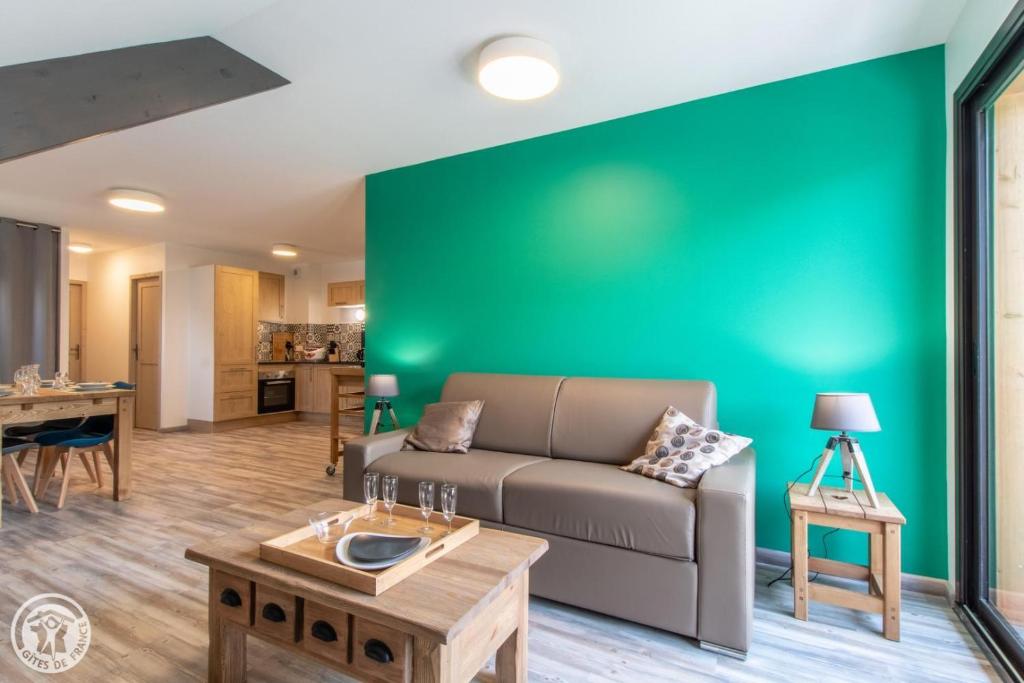 杜萨尔Gite Annecy 201- Au Royaume des Castors - Appt 201的带沙发和绿色墙壁的客厅
