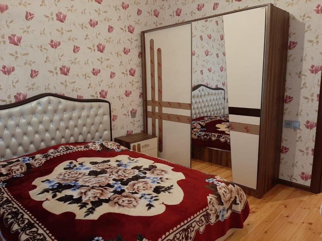 巴库My sweet home in Ramana的一间卧室配有一张床和一面大镜子