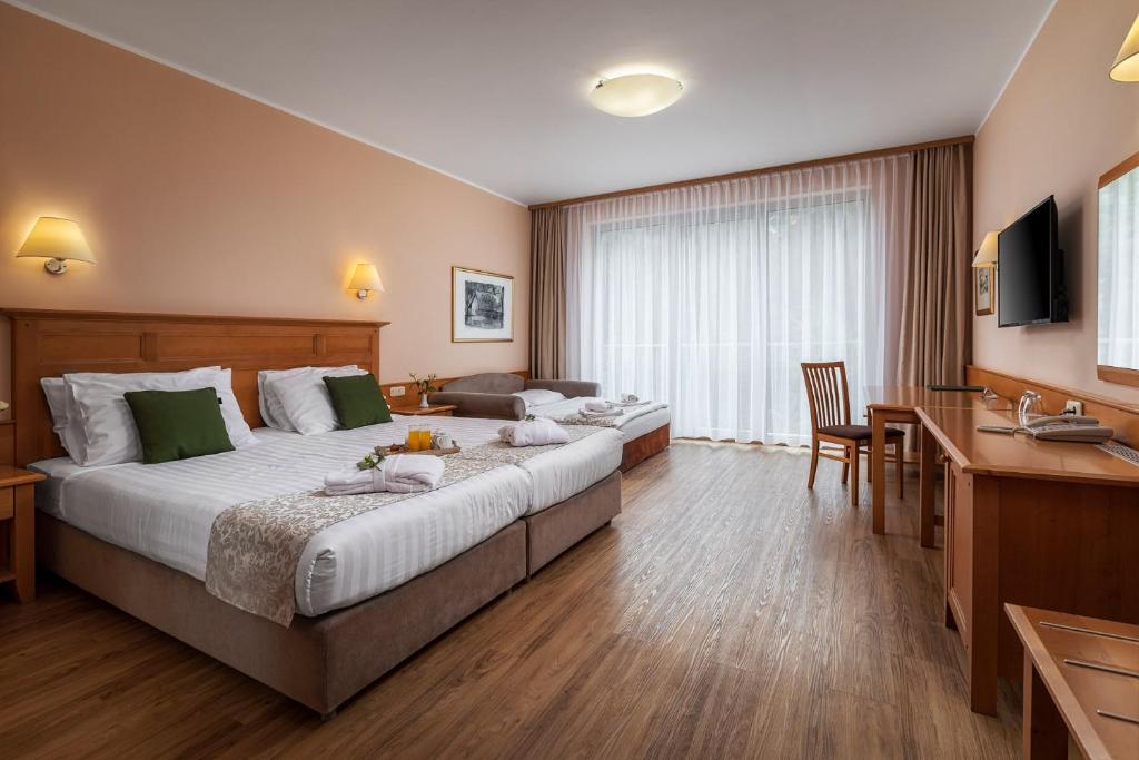 霍茨科波霍尔耶Grand Hotel BELLEVUE的酒店客房设有一张大床和一张书桌。
