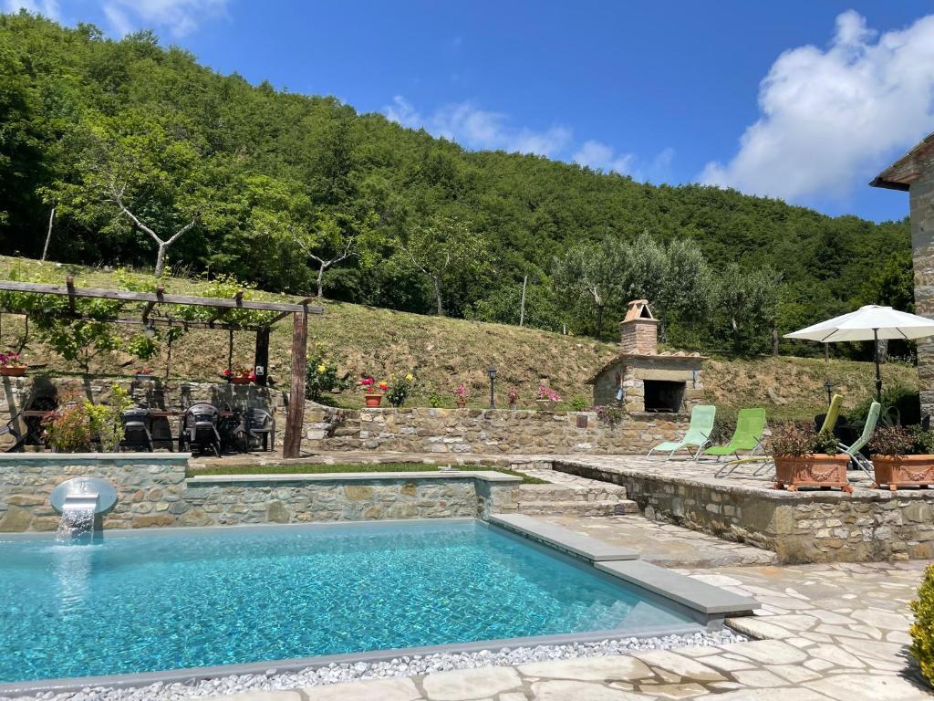 科尔托纳Borgo Chiantina的一座位于庭院内的游泳池,山底下