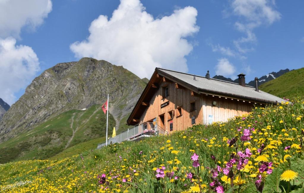 埃尔姆Skihütte Obererbs的一座带鲜花的小山上的木屋