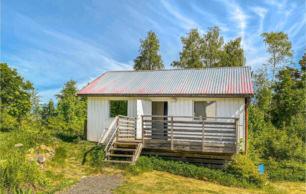 HindåsStunning Home In Hinds With Wifi的一座白色的小建筑,在田野上有一个锡屋顶
