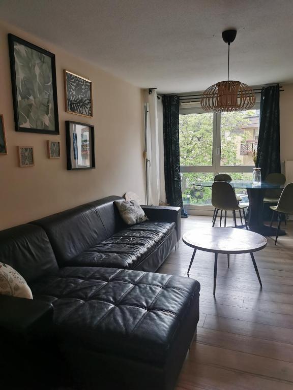 斯特拉斯堡appartement cosy à 10 min du centre de Strasbourg的客厅配有黑色真皮沙发和桌子