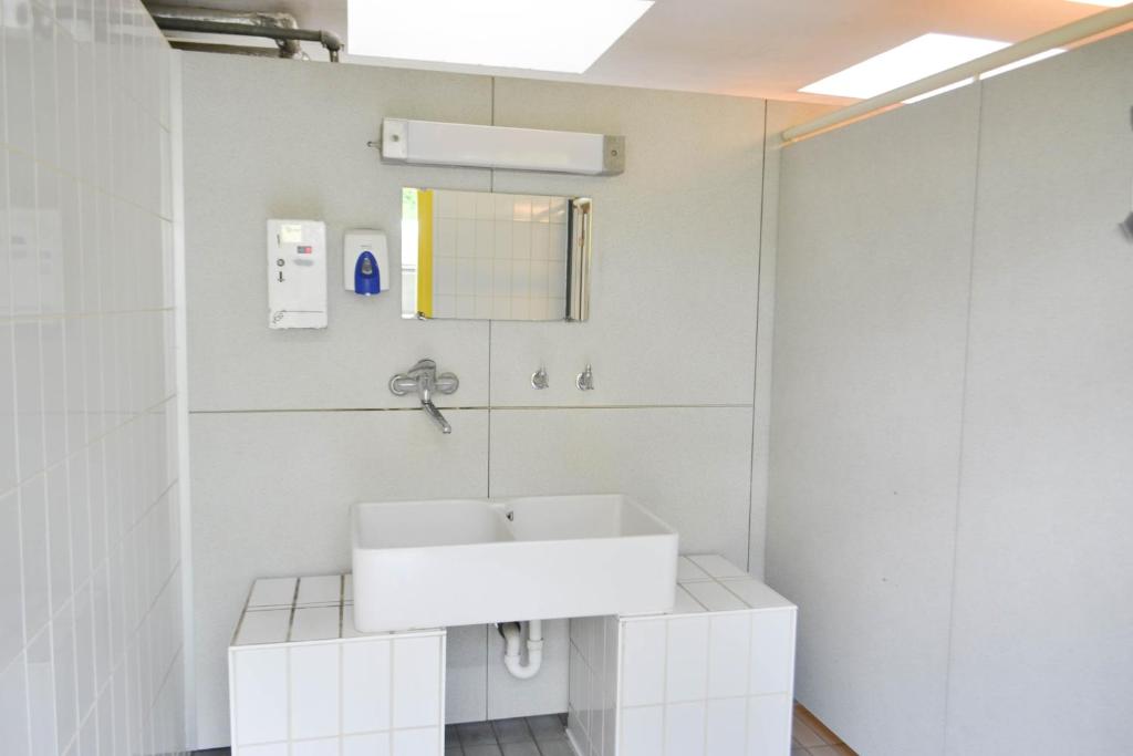 慕尼黑Munich Central Camping的白色的浴室设有水槽和淋浴。
