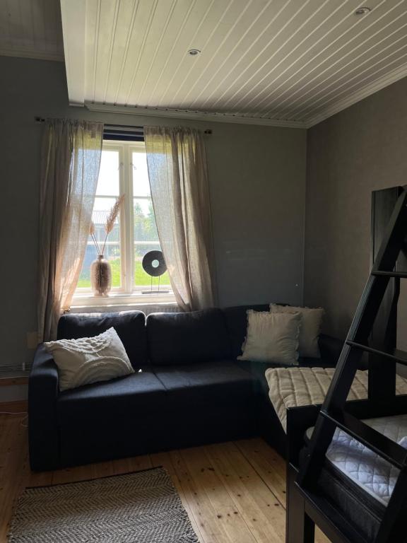 艾尔夫达伦Stuga i centrala Älvdalen的客厅设有蓝色的沙发和窗户。