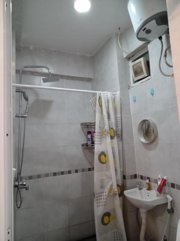 达累斯萨拉姆RB studio apartment with free Wi-Fi的浴室配有淋浴帘和盥洗盆。