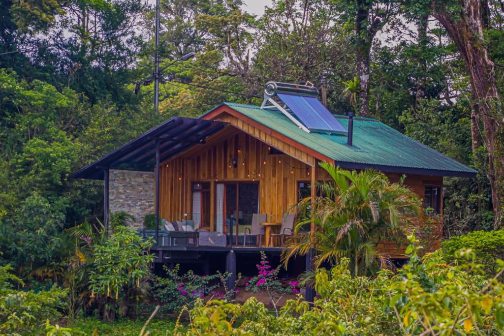 蒙泰韦尔德哥斯达黎加Cabañas Hoja Verde的树林中的一间小屋,设有太阳能屋顶