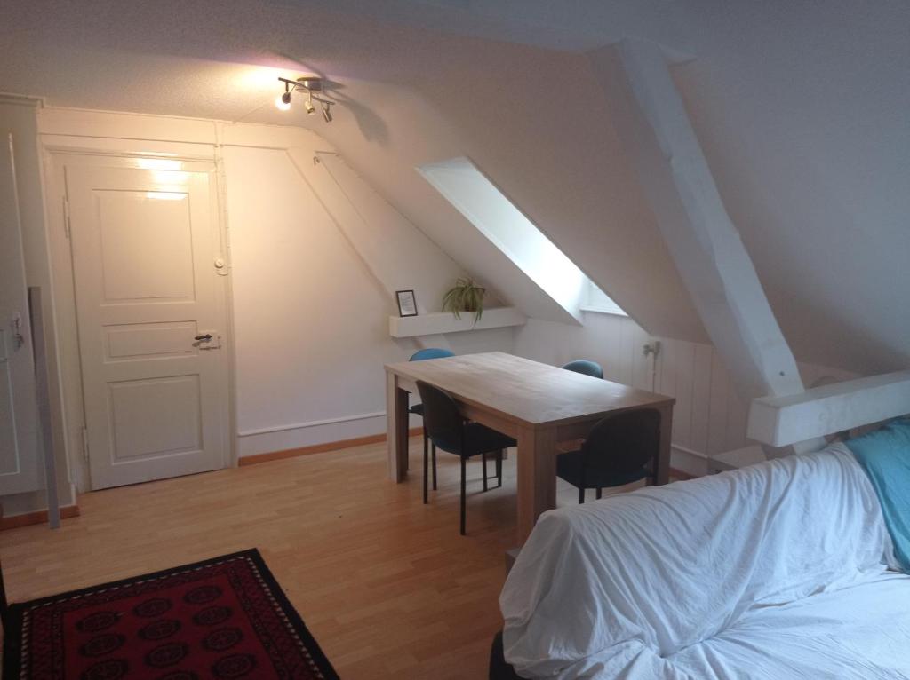 圣加仑Gemütliche Dachwohnung的配有桌椅和床的房间