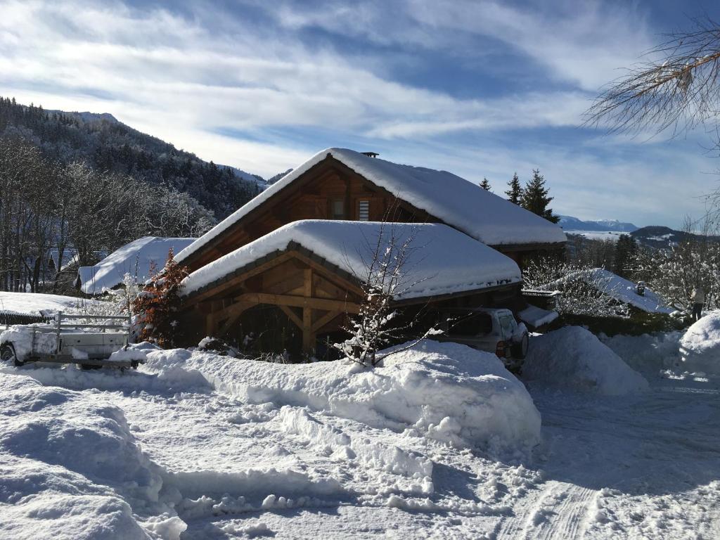 Habère-PocheLe chalet de Doucy Bardet的雪覆盖的小屋