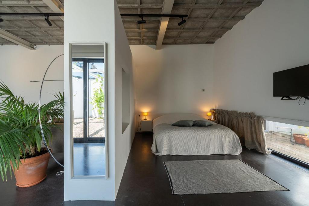 安特卫普Loft van 90 m² met grote binnentuin.的一间卧室配有一张床、一台电视和一面镜子