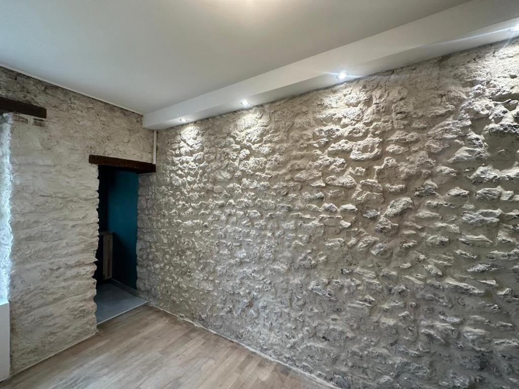 奥尔良Appartement calme design et Comfort的蓝色门的房间的石墙