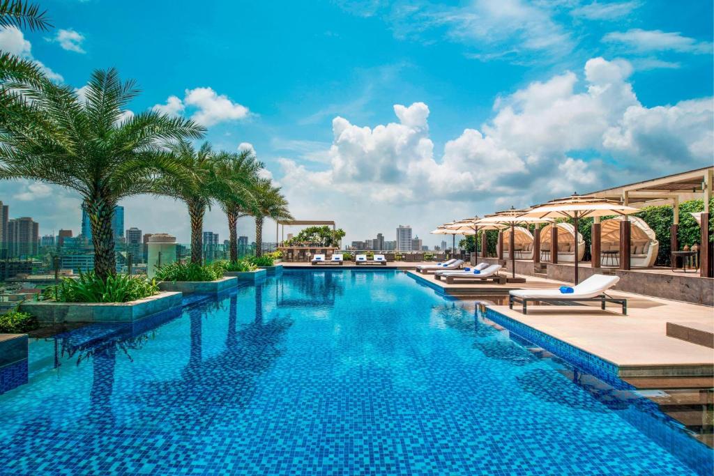 孟买圣瑞吉孟买酒店的棕榈树建筑屋顶上的游泳池