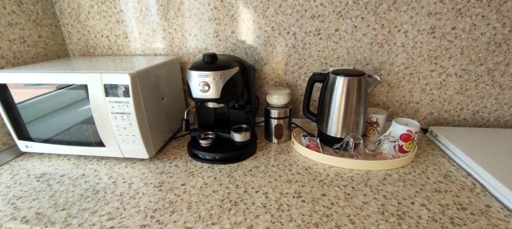 奥拉迪亚Central Vanilla Oradea的厨房柜台配有微波炉和咖啡壶