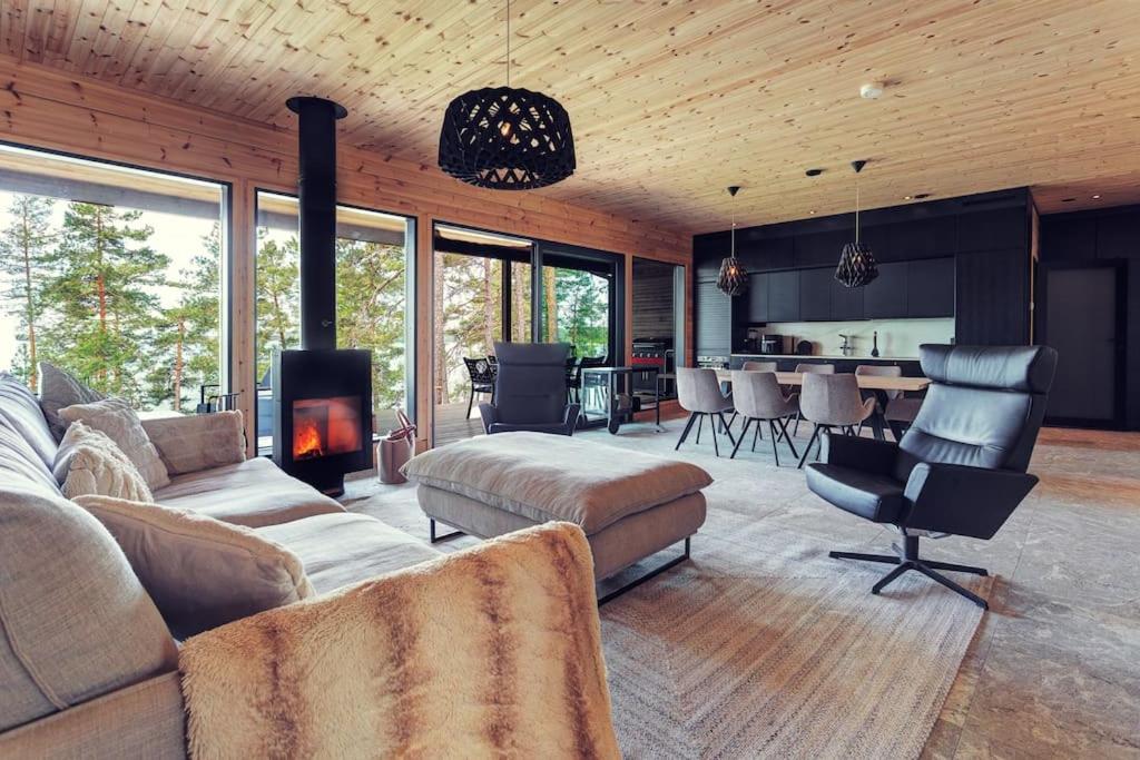 萨洛Saunamäki Resort - Lux Villa的带沙发和壁炉的客厅