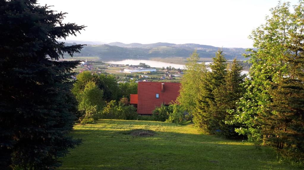 Domek z widokiem na jezioro Rożnowskie的树木繁茂的田野中间的红房子