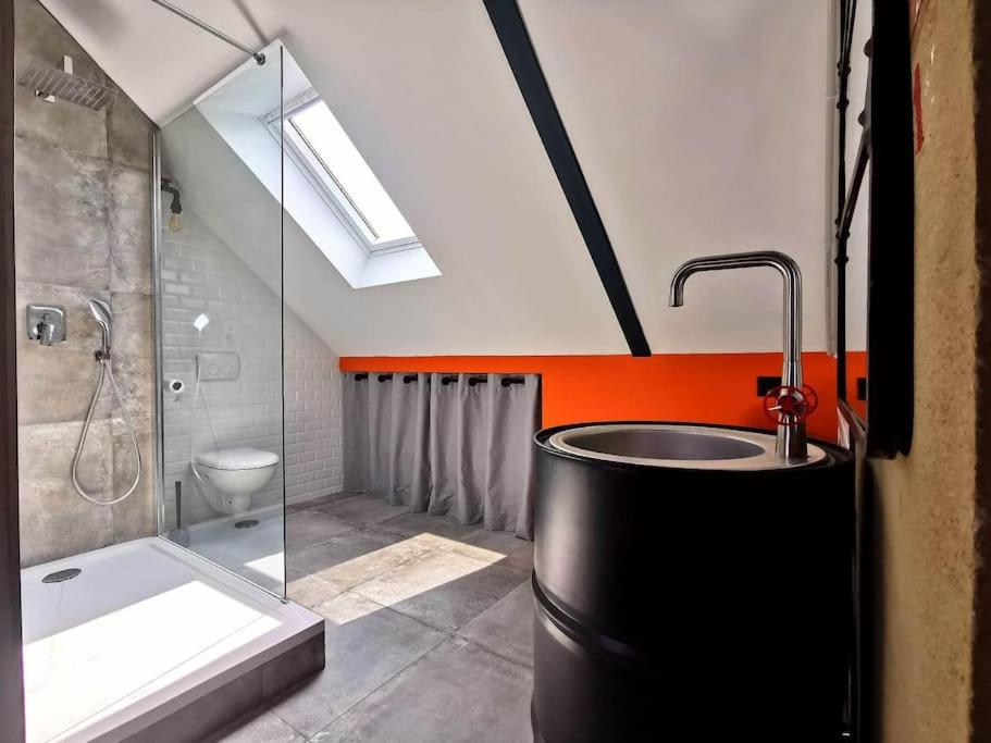 鲁昂Logement Industriel & Atypique的浴室配有水槽、淋浴和浴缸。