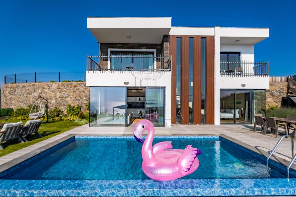 亚力卡瓦克Bovilla Hotel Yalıkavak的一座游泳池,在房子前设有粉红色充气火烈鸟