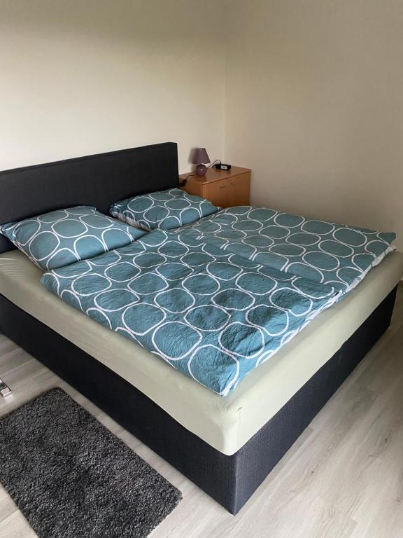 拜罗伊特3 Zimmer Apartment的一张带蓝色棉被和蓝色枕头的床