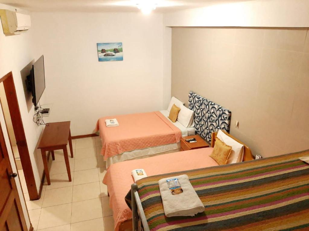 伊基托斯102 RV APARTMENTS IQUITOS-APARTAMENTO FAMILIAR CON PISCINA的酒店客房设有两张床和电视。