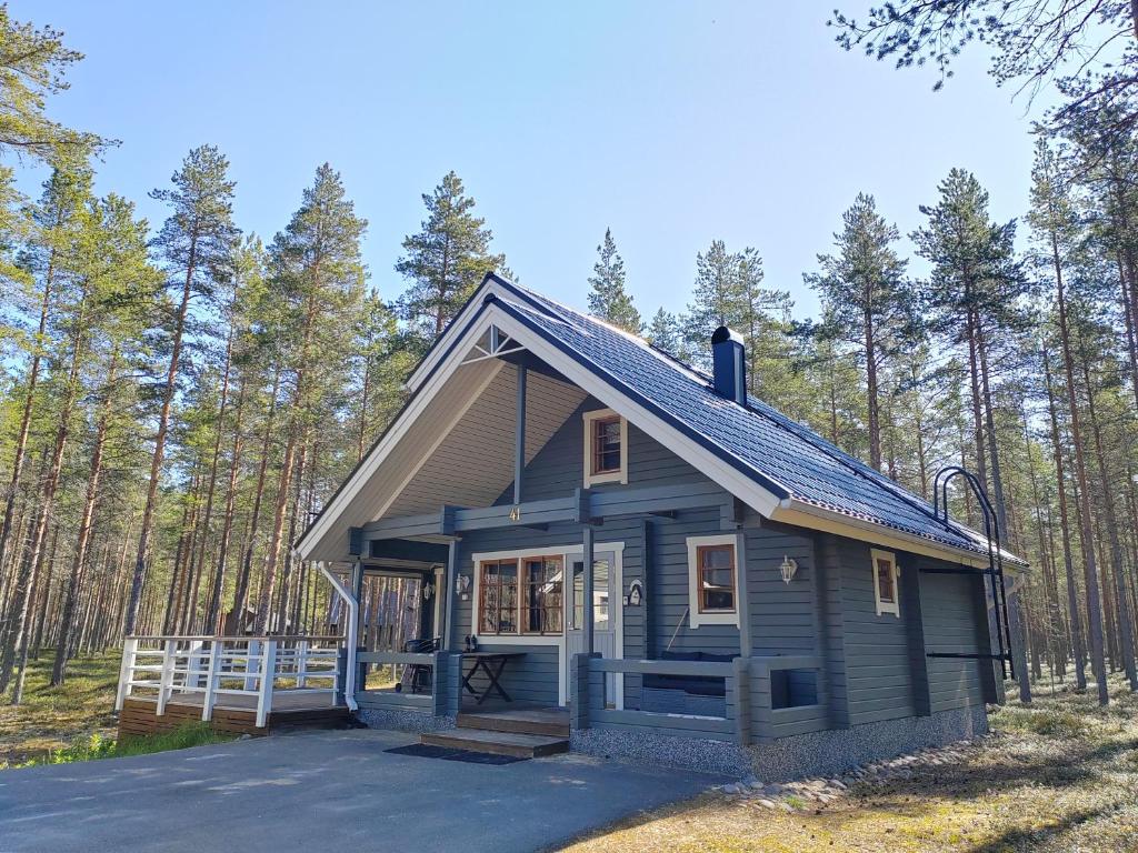 卡拉约基Villa Särkkä的森林中间的蓝色小房子
