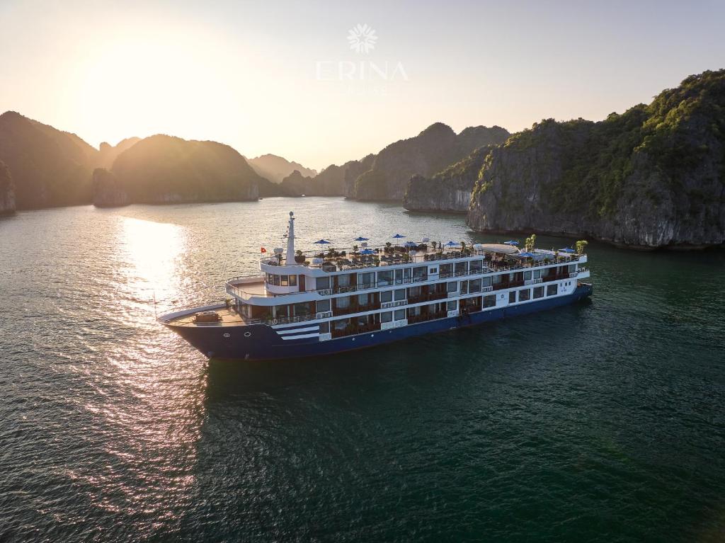 下龙湾Erina Cruise的悬崖附近的水中游轮