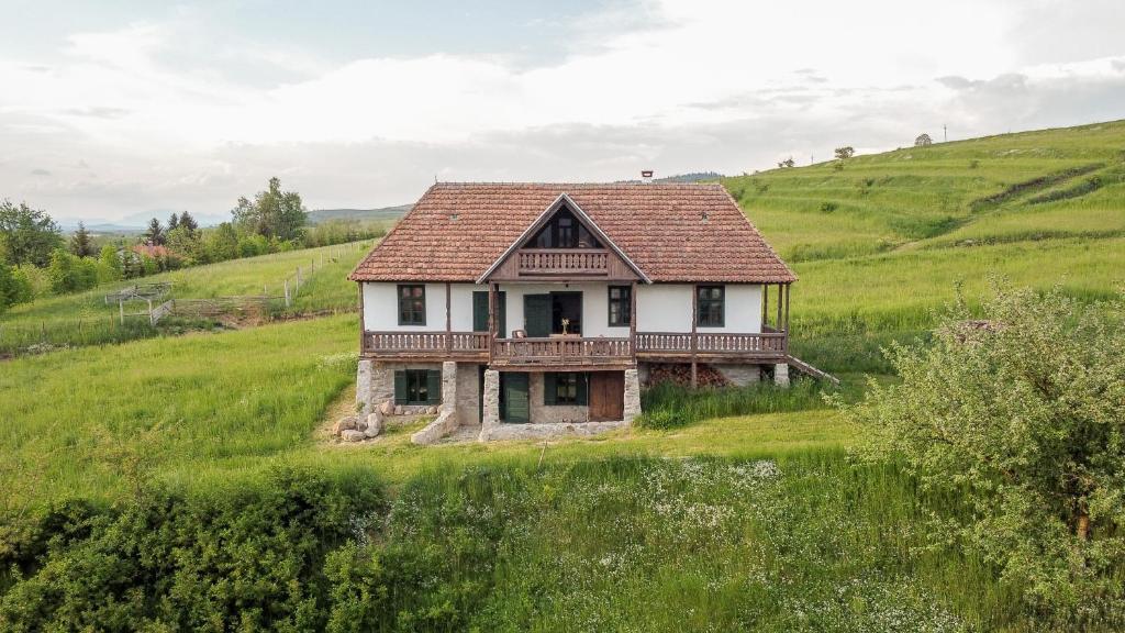 Păuleni-CiucHillside View Cottage - Csíksomlyó-panoráma vendégház的田野上山丘上的一座老房子