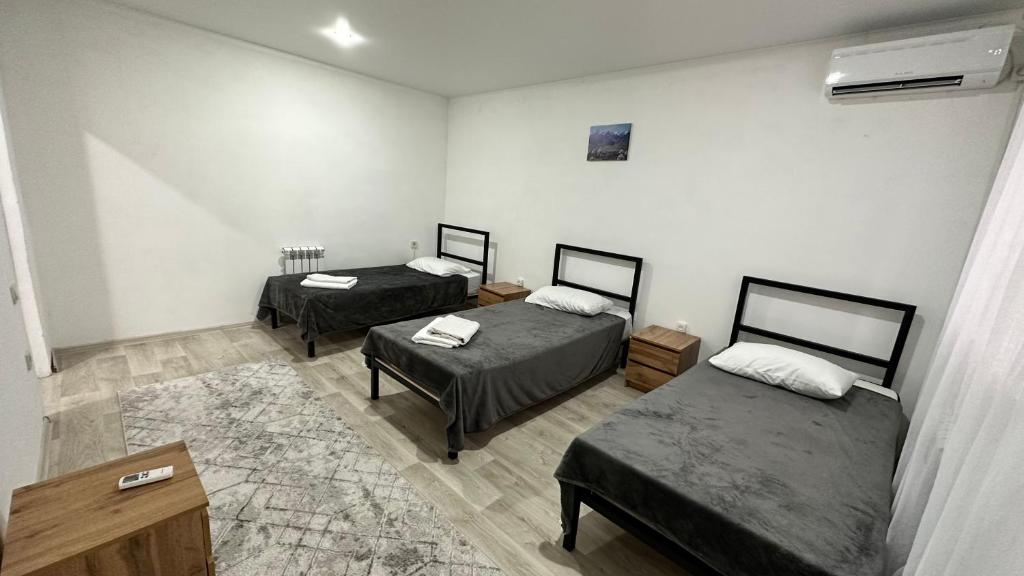 阿拉木图Гостевой Дом Guest of Almaty的一间设有两张床的房间和一张地毯