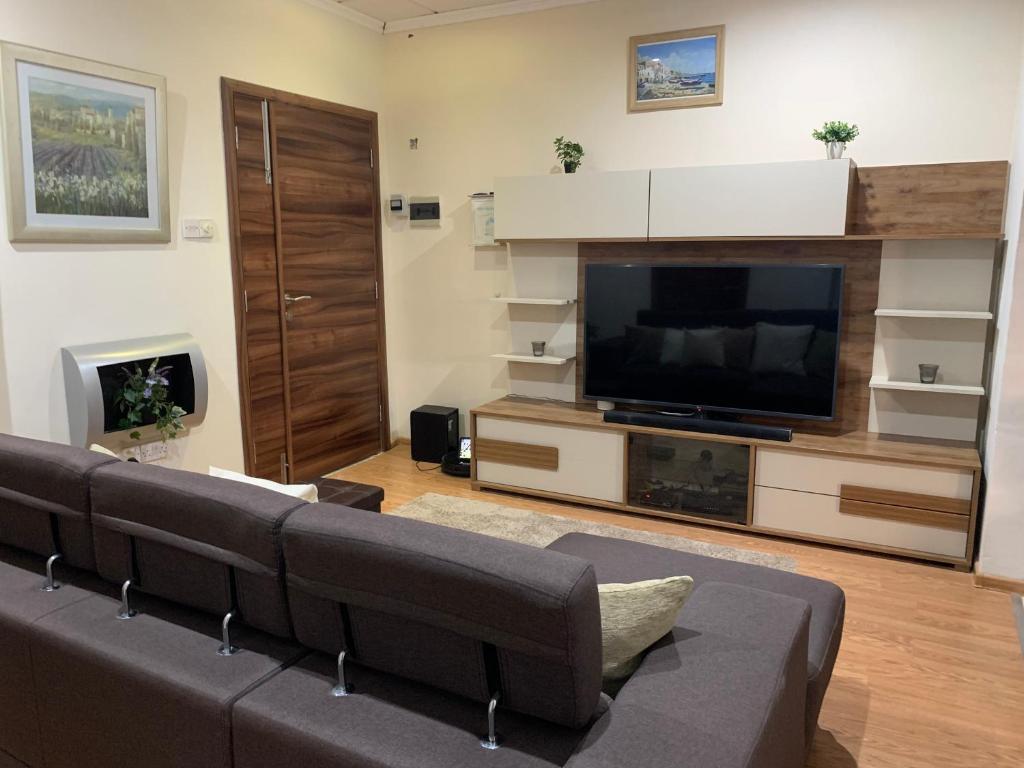 比尔泽布贾Caris Gem的带沙发和平面电视的客厅
