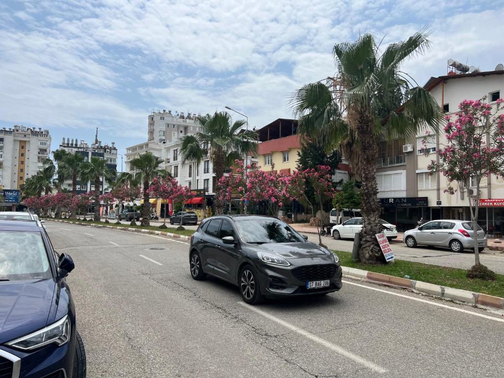 安塔利亚Flat For Rent Near The Beach, Konyaaltı, Antalya的停在街道边的小汽车