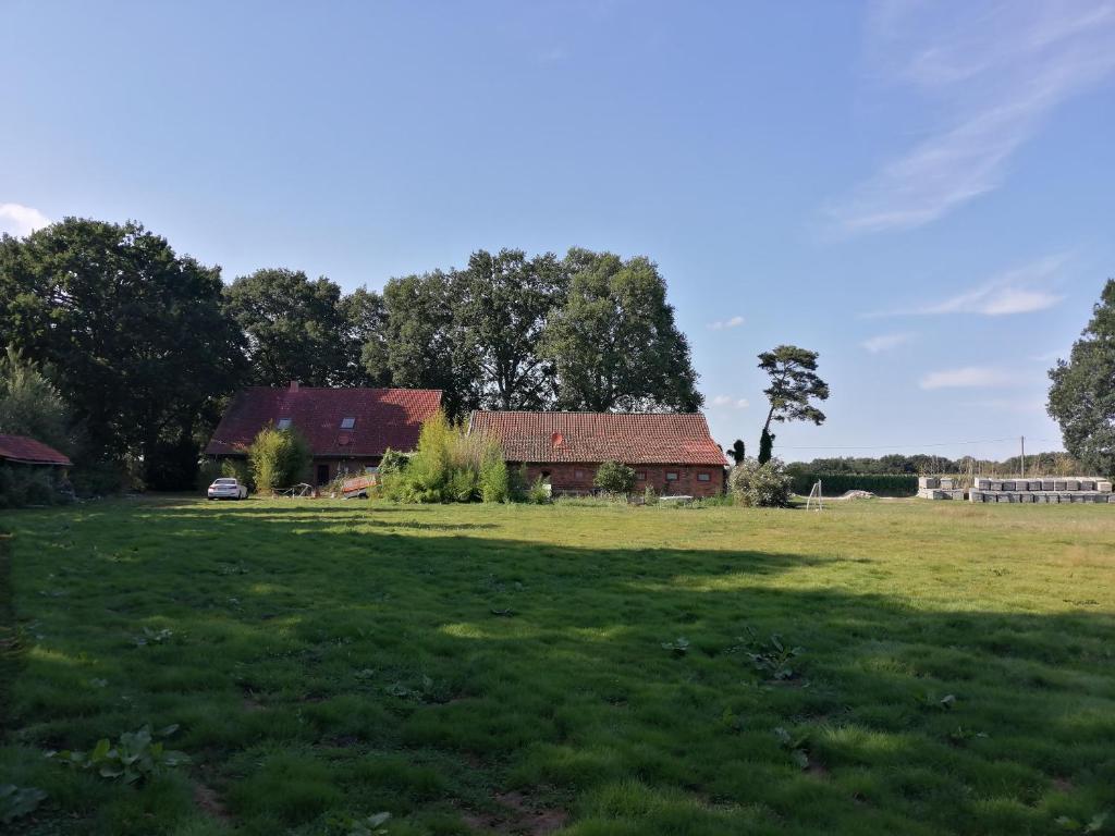 WardenburgLandhaus SiebenEichen的一片大草场,有房子的背景