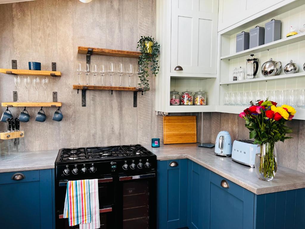 兰特威特梅杰Nightingale Cottage的厨房配有蓝色橱柜和炉灶烤箱。