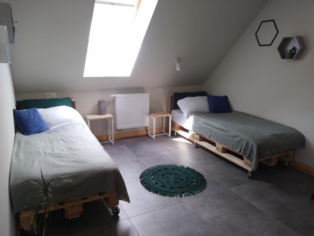 克鲁克兰基Apartamenty Zielone Drzwi的阁楼卧室设有两张床和窗户。