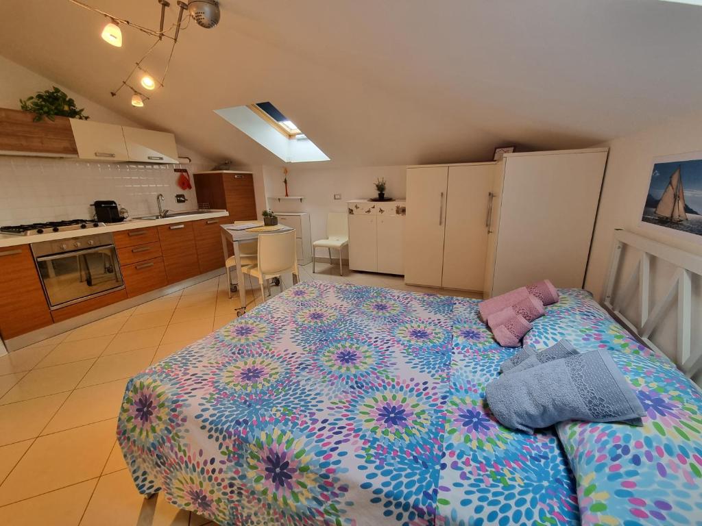 斯波托尔诺La Mansarda di Noi2的一间带大床的卧室和一间厨房