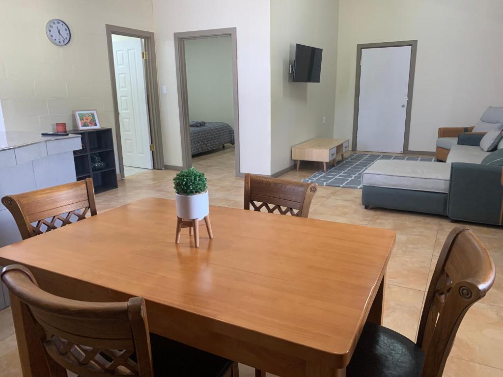 阿皮亚Samoa Business Apartments的用餐室以及带桌椅的起居室。