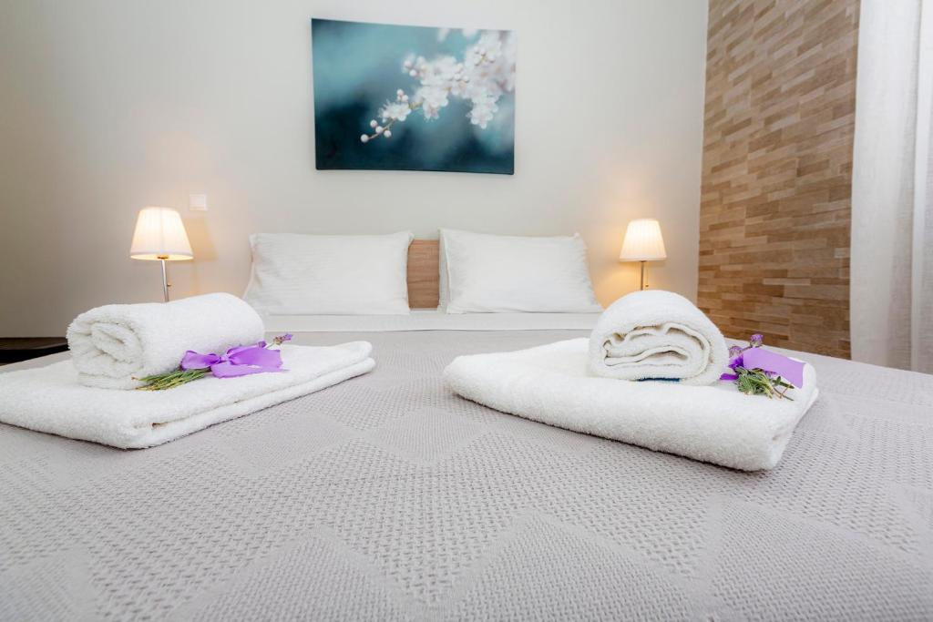 格利法达sofia's apart 4u (114)的一间卧室配有两张床、白色毛巾和紫色鲜花。