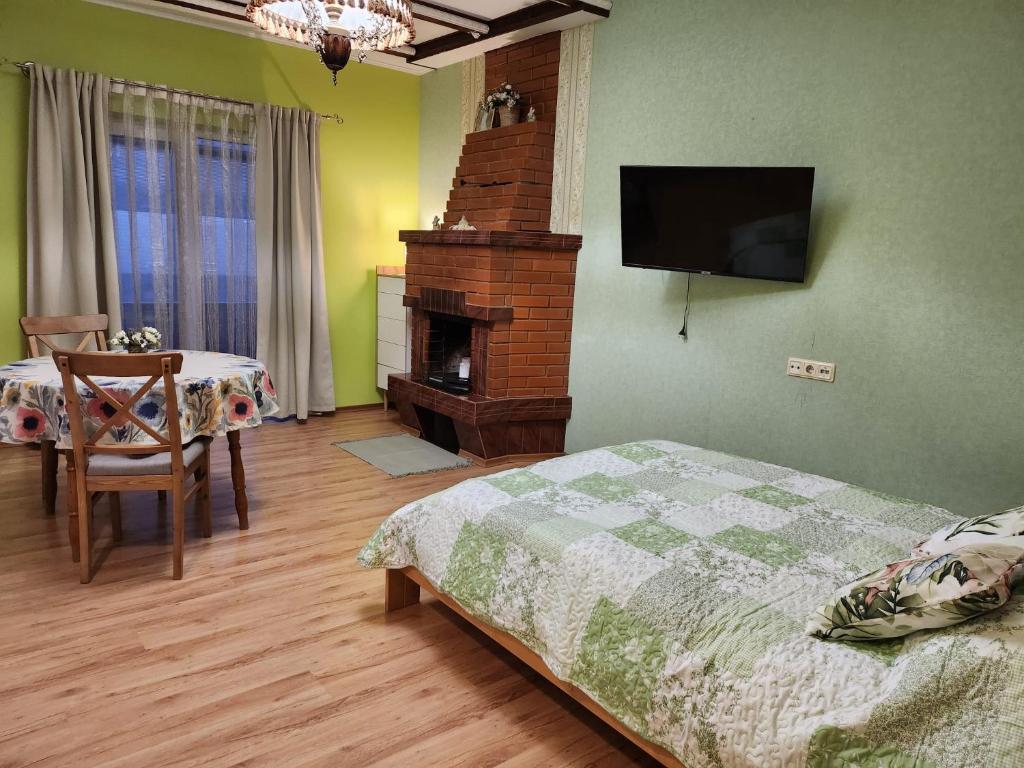 里加Renau的一间卧室配有一张床、一个壁炉和一台电视。