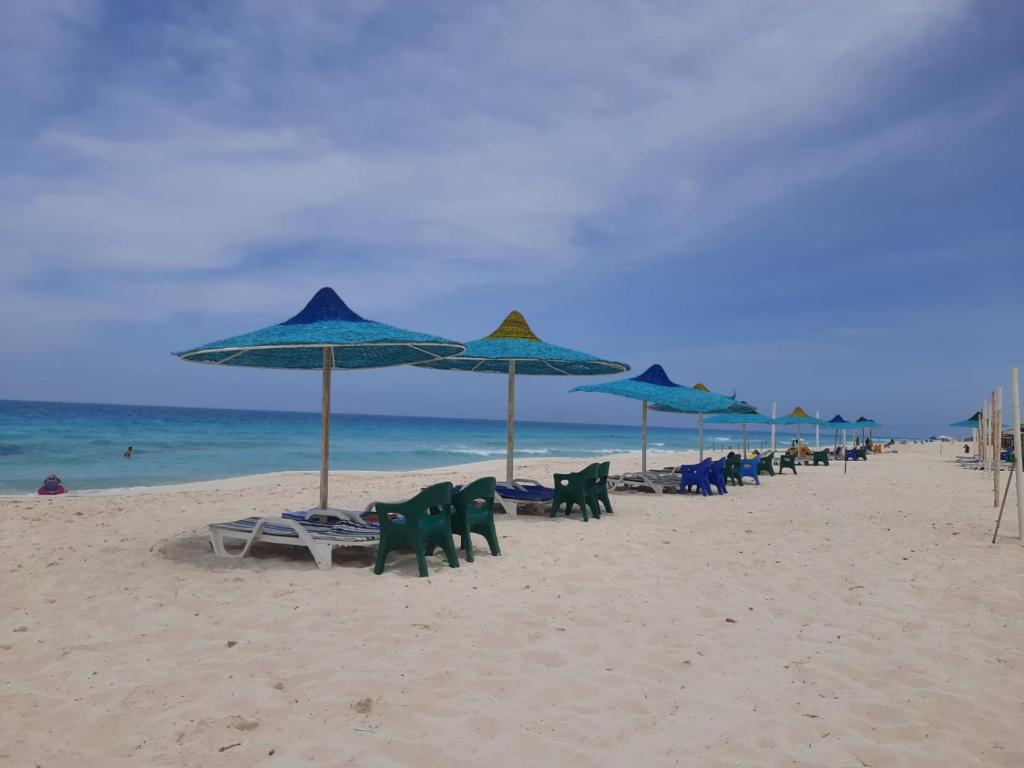 Dawwār Abū al ‘Āşīمارسيليا بيتش ١ شاليه的海滩上的一组椅子和遮阳伞