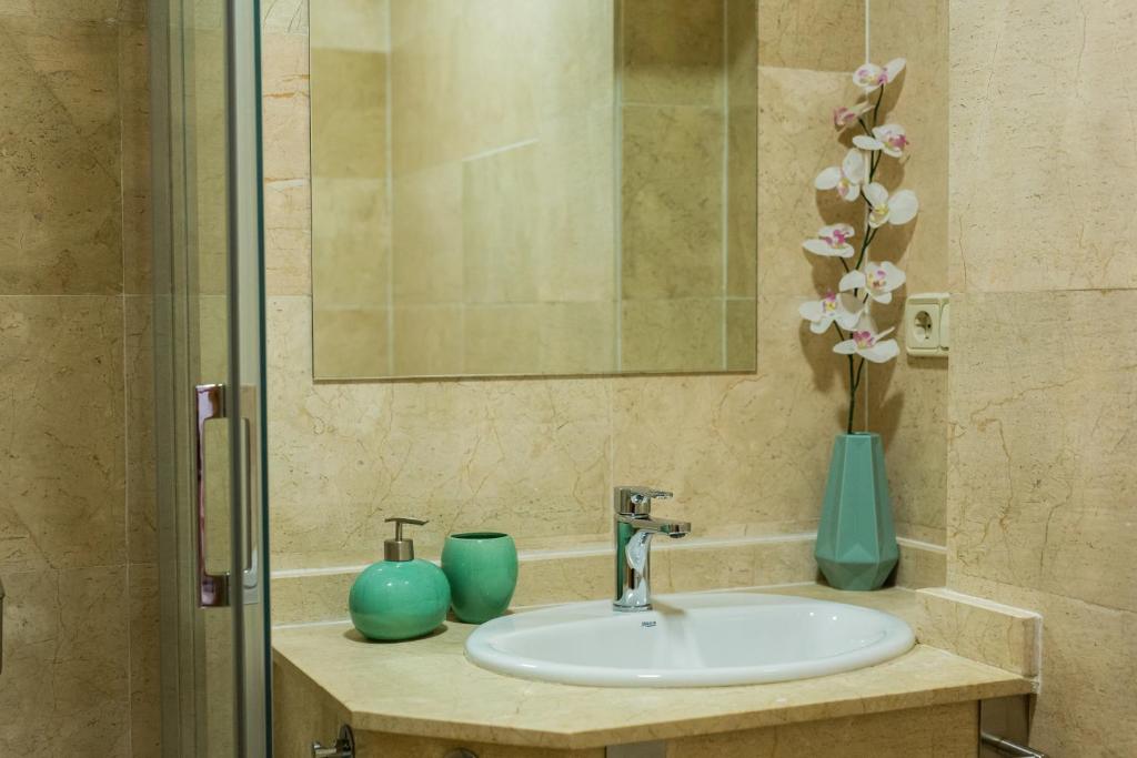 托莱多Toledo Enamora Dos - PARKING INCLUIDO的浴室水槽,配有两个花瓶和镜子