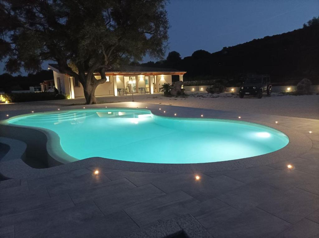 卡拉古诺内Hotel Pranos Turismo Rurale Cala Gonone的夜间在院子里的大型蓝色游泳池
