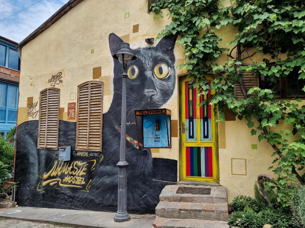 第比利斯礼遇旅舍的一座建筑的侧面上挂着一只猫的壁画