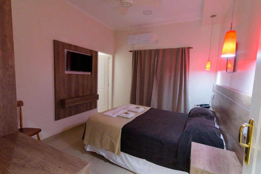 巴拉那Hotel Coé Verá的一间酒店客房,配有一张床和一台电视