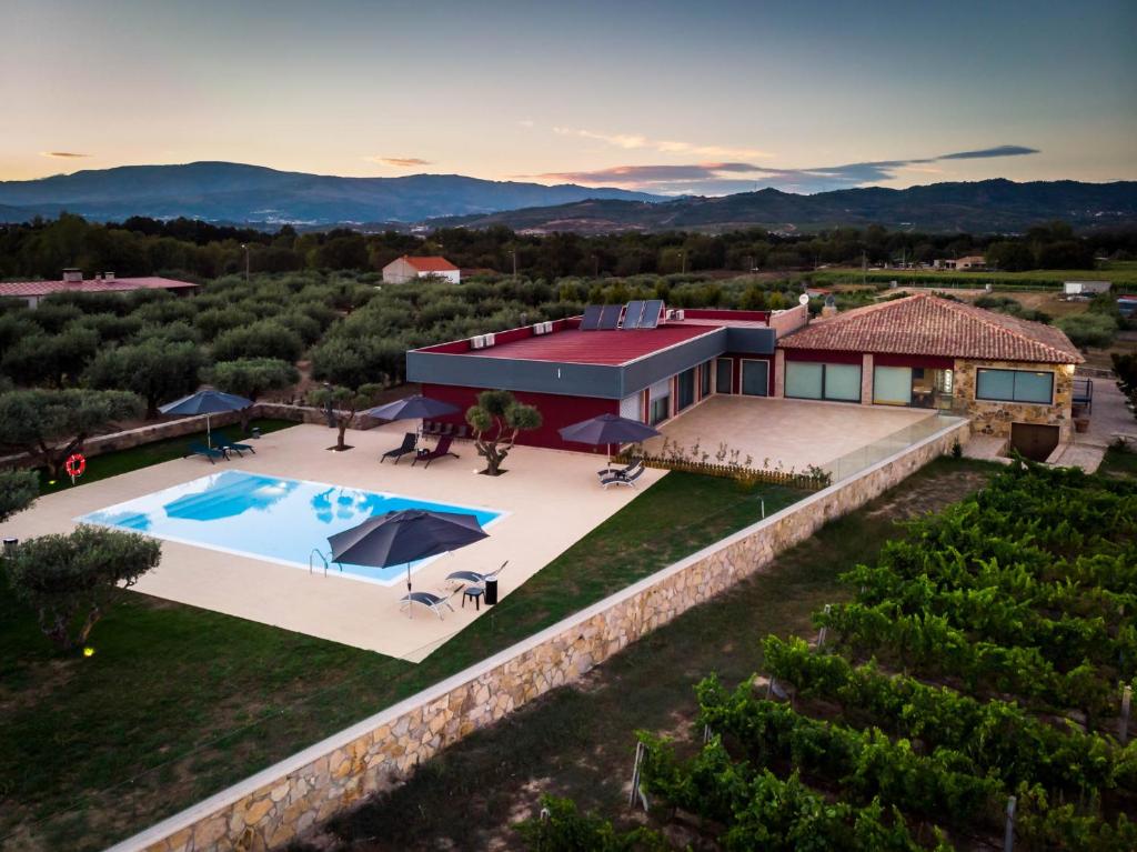 凡道Quinta das Oliveiras Turismo Rural的享有带游泳池的别墅的空中景致
