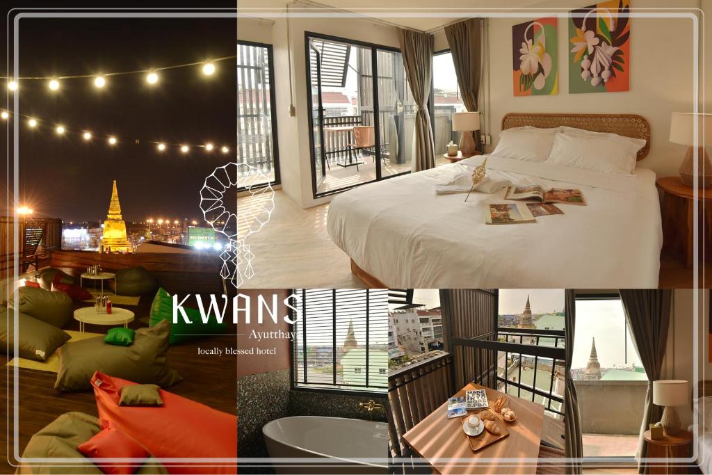 大城KWANS Ayutthaya的一张床铺的酒店客房照片的拼合