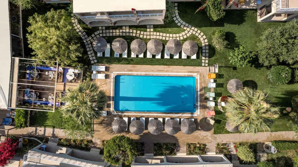 卡拉马孔Aeolos Boutique Hotel and Suites的享有度假村游泳池的顶部景致