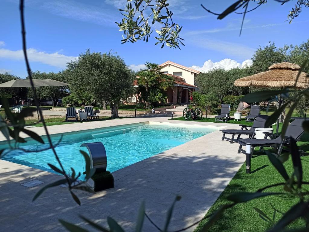 阿尔盖罗Villa Marianna的一个带椅子和遮阳伞的游泳池
