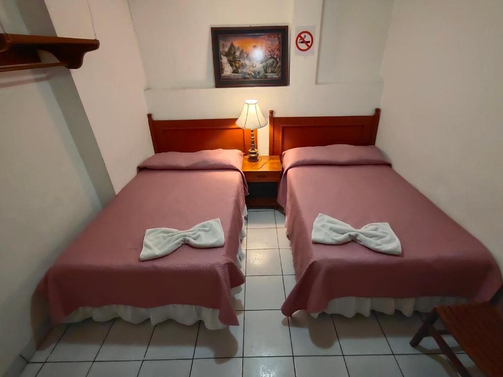 圣萨尔瓦多圣何塞拉蒙塔纳酒店的配有弓的酒店客房内的两张床