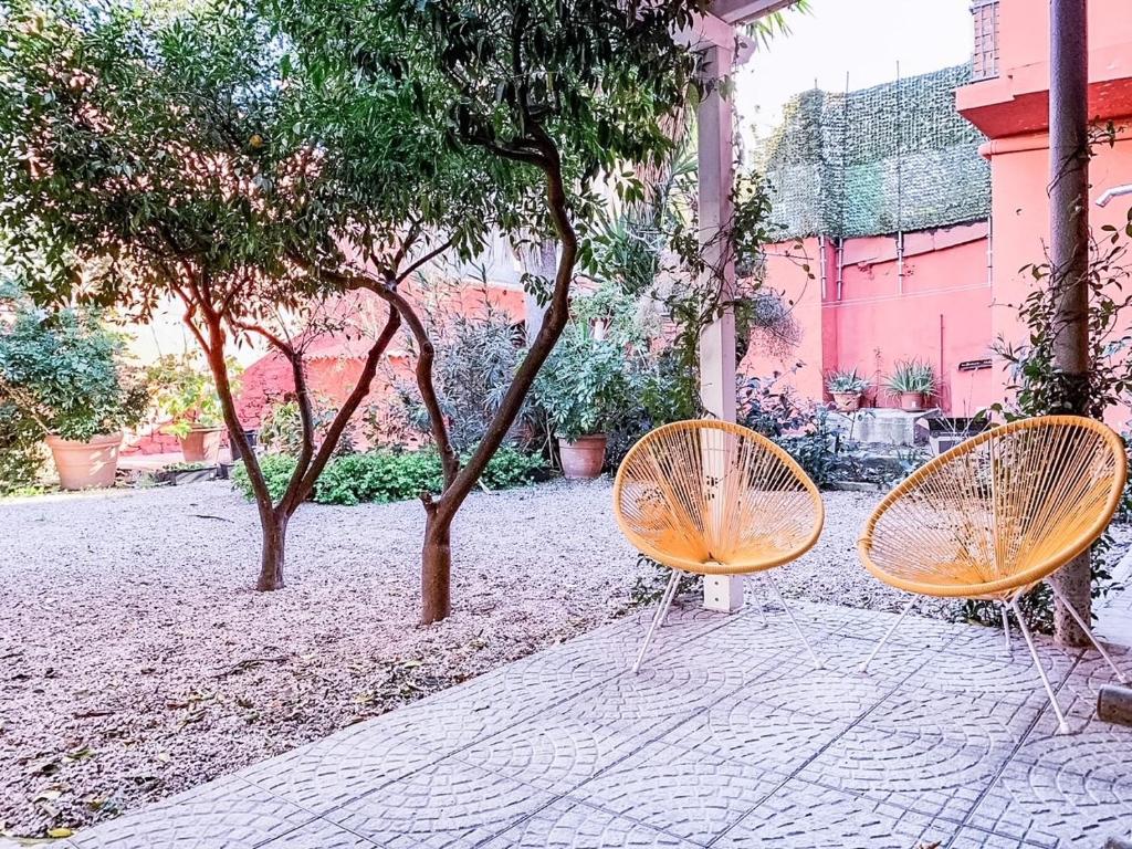 奥尔比亚Liguria Garden的两把椅子坐在两棵树旁边的人行道上